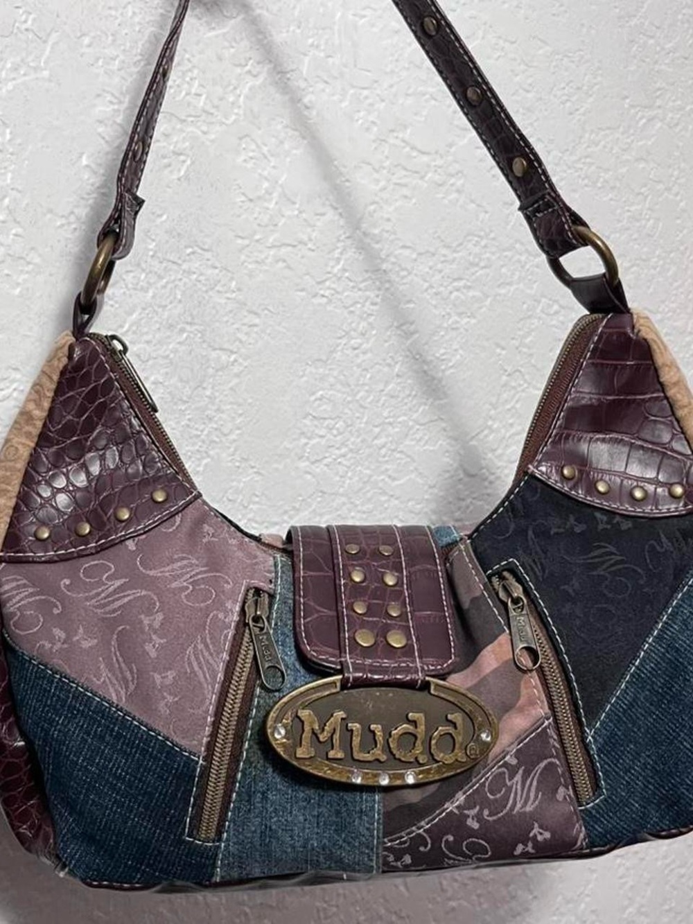 Mudd Patchwork Shoulder Bag in Plum, Denim and Brown